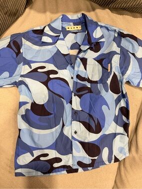 Marni Men's Blue Abstract Print Short-Sleeve Shirt IT 48 / M AUTHENTIC